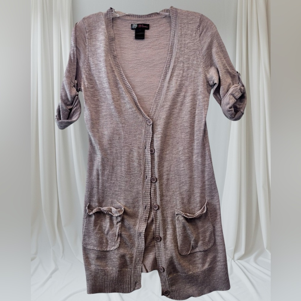 JJ BASICS Women’s Brown Sheer Nubby Cotton  3/4 Sleeve Long  Cardigan Sz. Small